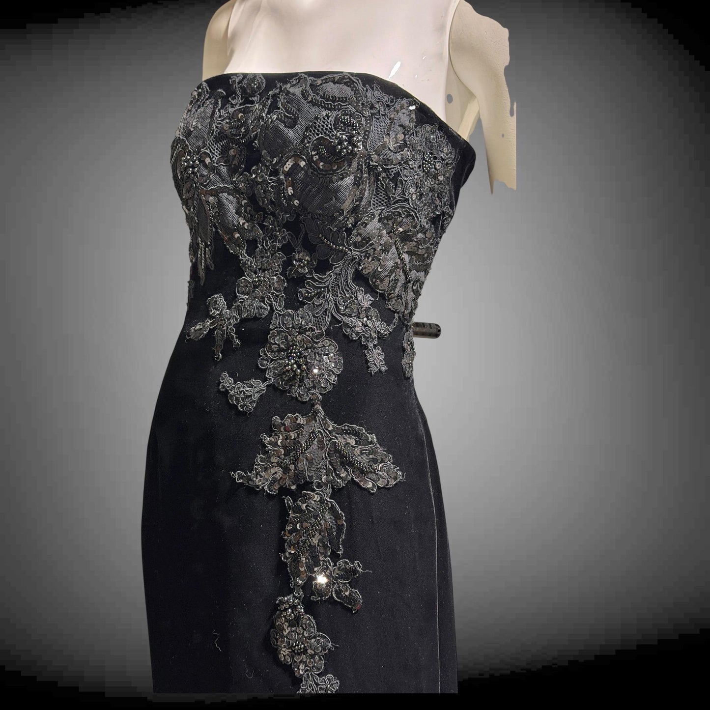 SAN CARLIN Vintage 1980s evening dress,  Black Velvet Beaded Strapless gown with train, Medium