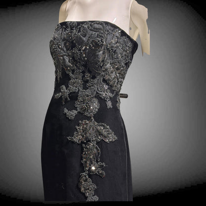 SAN CARLIN Vintage 1980s evening dress,  Black Velvet Beaded Strapless gown with train, Medium