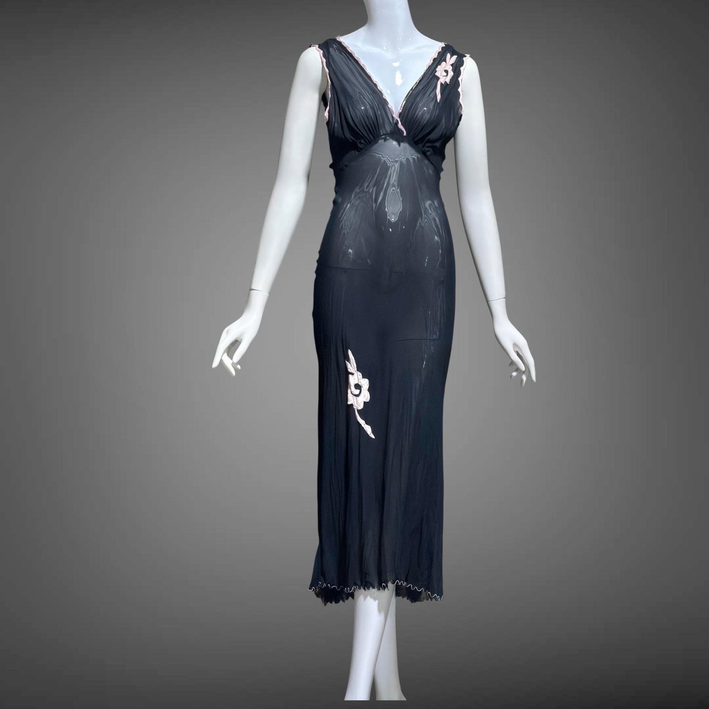 1930s vintage Nightgown slip dress, sheer sultry black lingerie dress, bias cut with applique