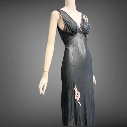 1930s vintage Nightgown slip dress, sheer sultry black lingerie dress, bias cut with applique