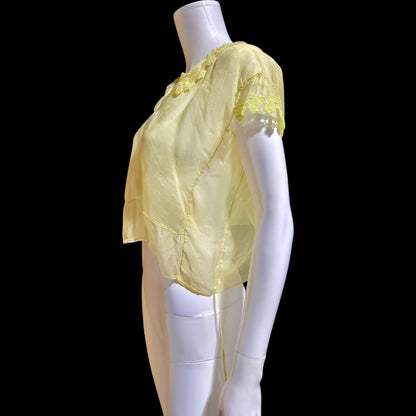 1930s Vintage blouse top, yellow sheer silk organza topper shirt