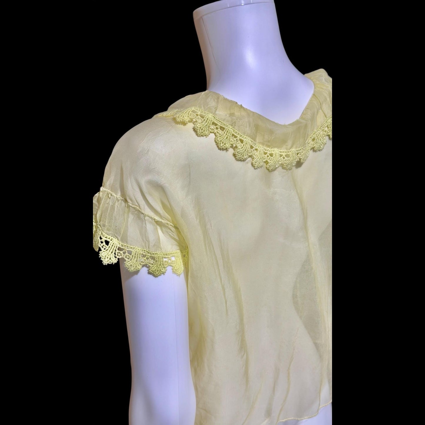 1930s Vintage blouse top, yellow sheer silk organza topper shirt