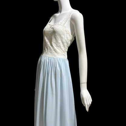 LADY LEONORA Vintage 1940s Nightgown Slip dress, Blue & White Nylon lingerie dress