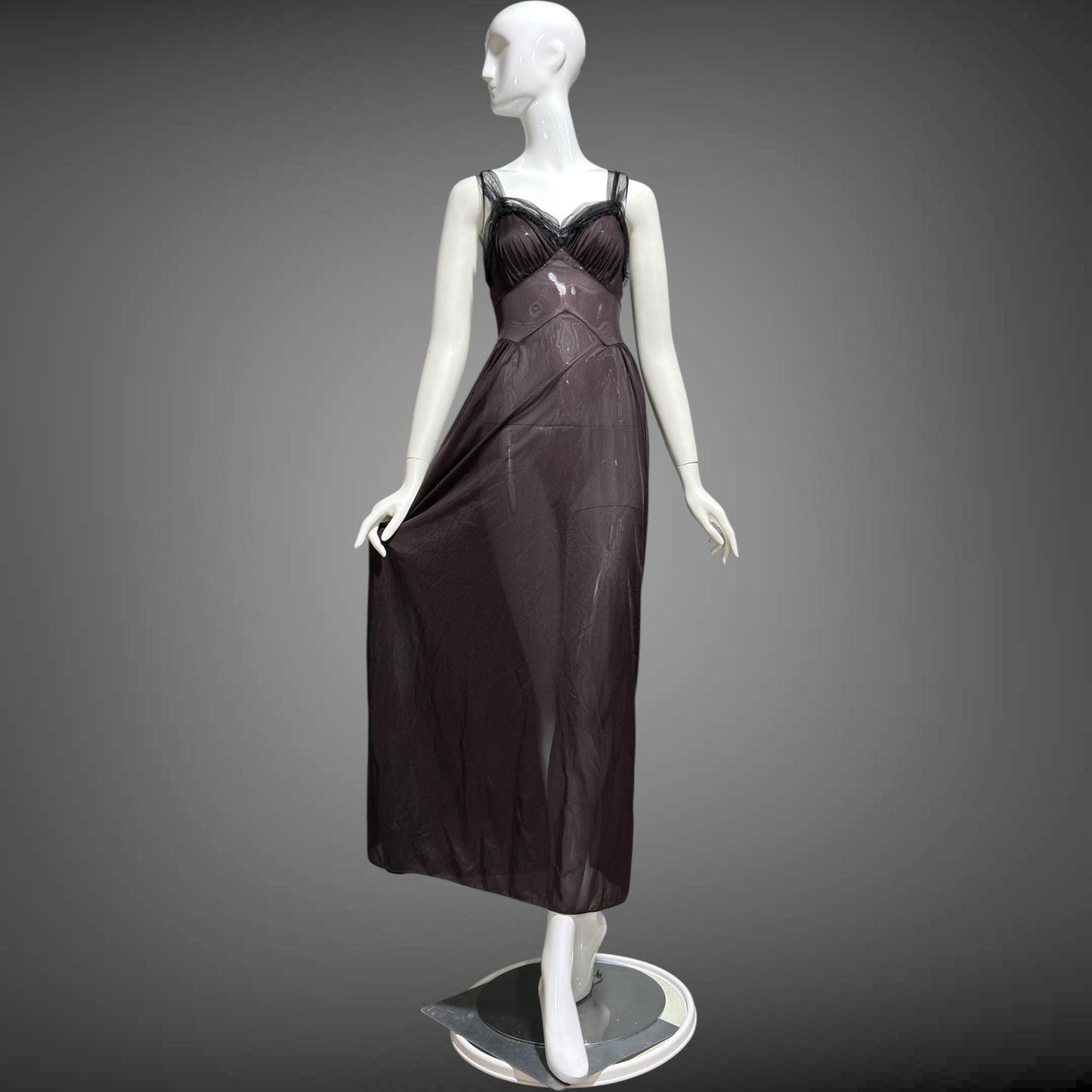 MUNSINGWEAR vintage 1950s Nightgown Slip Dress, Chocolate Brown nylon full length lingerie dress rhinestones