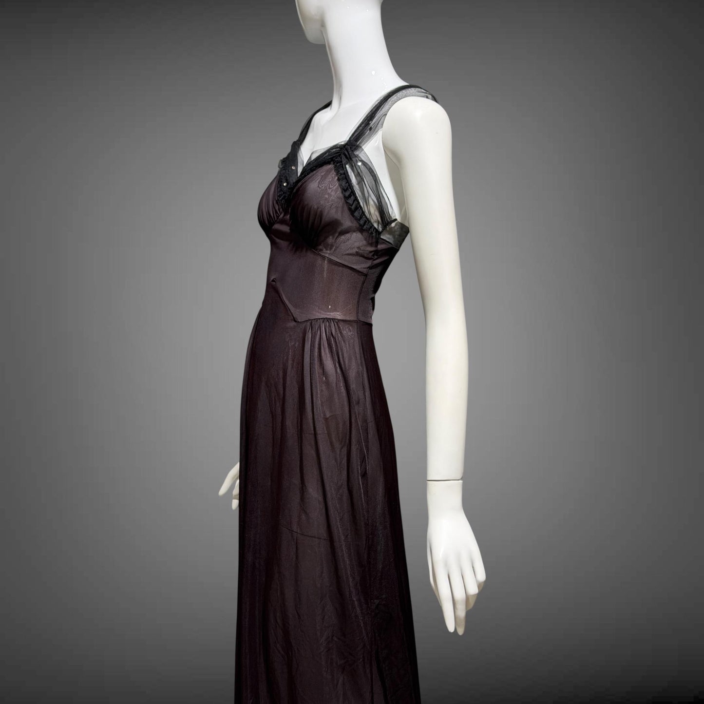 MUNSINGWEAR vintage 1950s Nightgown Slip Dress, Chocolate Brown nylon full length lingerie dress rhinestones