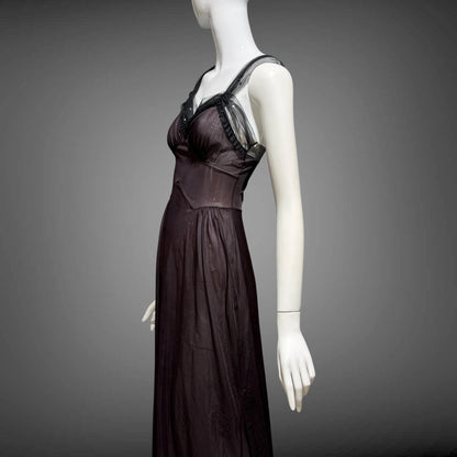 MUNSINGWEAR vintage 1950s Nightgown Slip Dress, Chocolate Brown nylon full length lingerie dress rhinestones