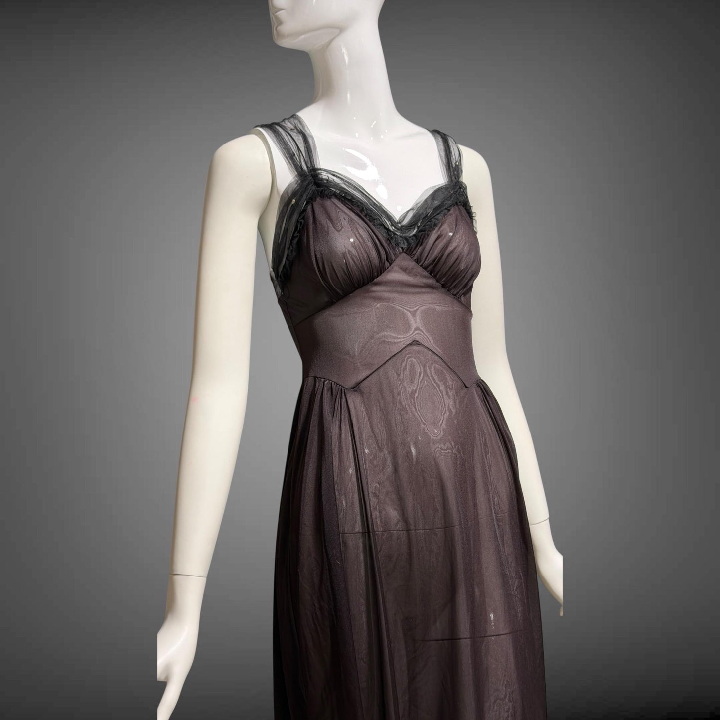 MUNSINGWEAR vintage 1950s Nightgown Slip Dress, Chocolate Brown nylon full length lingerie dress rhinestones