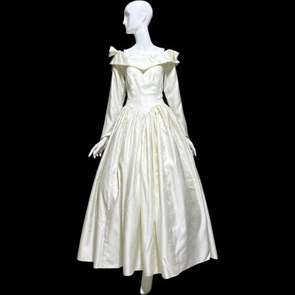 1980s Vintage wedding dress, Custom Made creamy white long sleeves off the shoulder gown