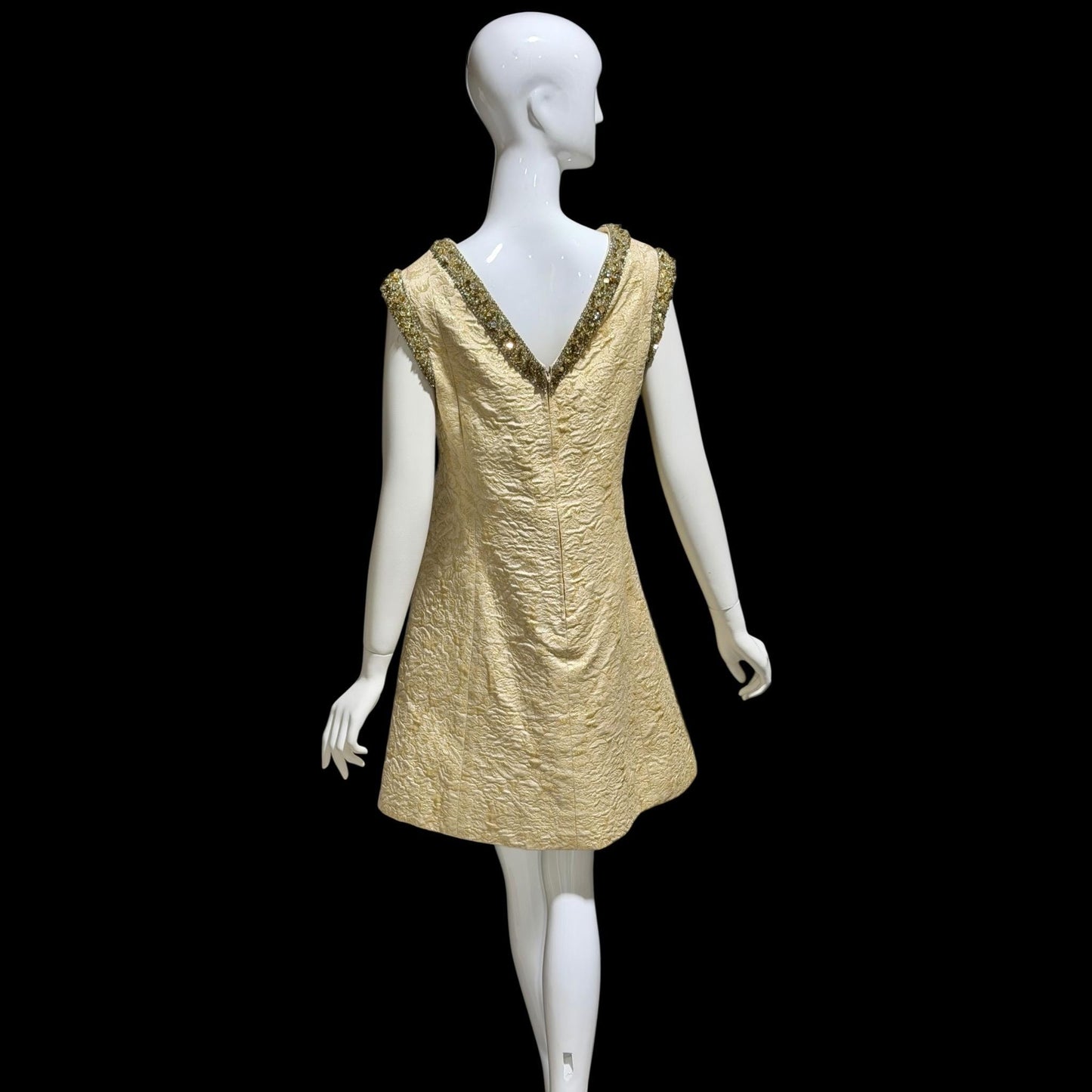 MR BLACKWELL CUSTOM Vintage 1960s Designer cocktail dress, Cates of Denver Boutique gold brocade mod shift dress