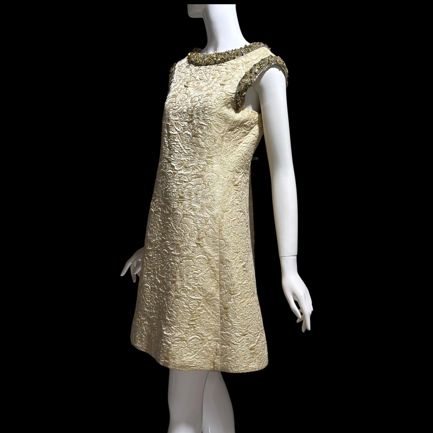 MR BLACKWELL CUSTOM Vintage 1960s Designer cocktail dress, Cates of Denver Boutique gold brocade mod shift dress