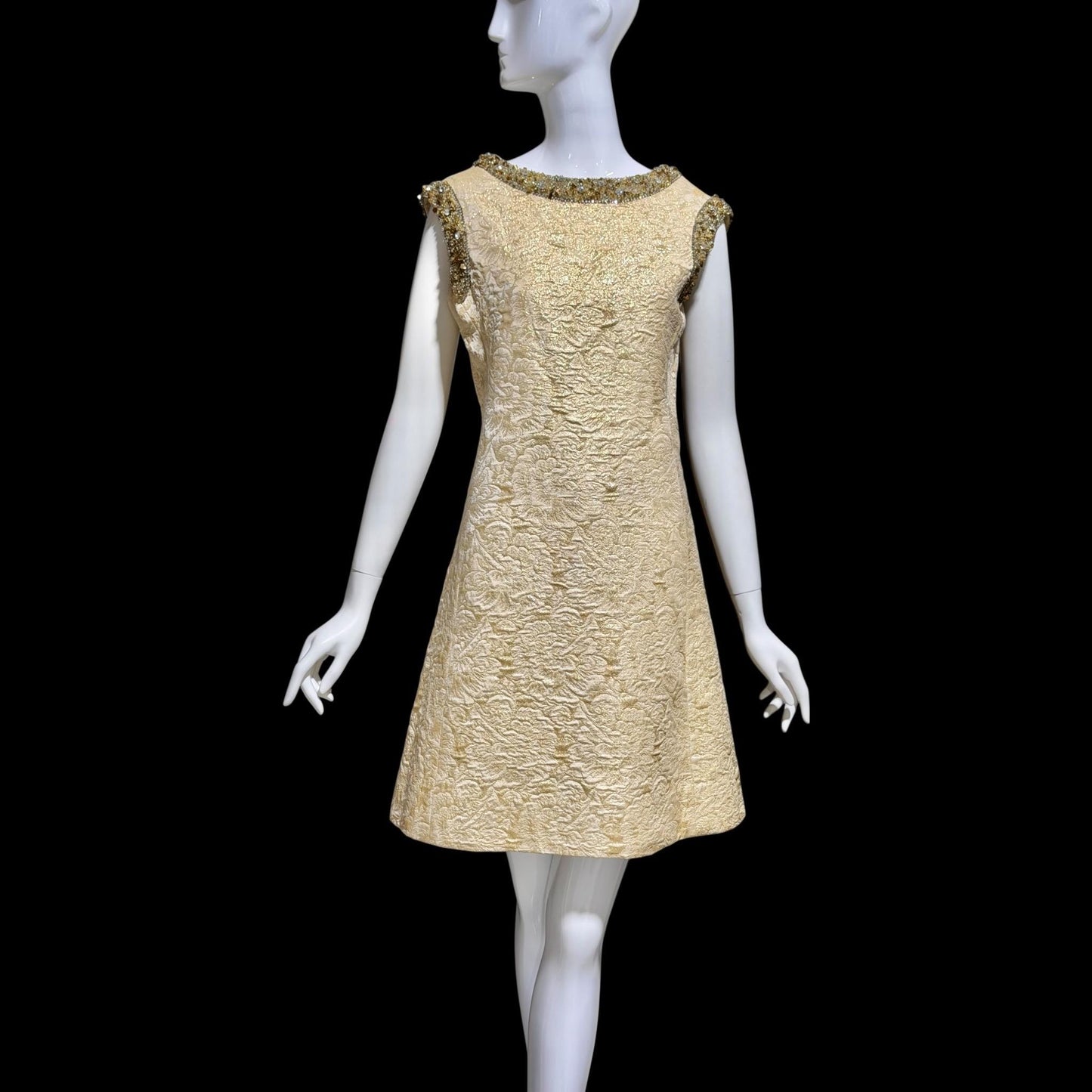 MR BLACKWELL CUSTOM Vintage 1960s Designer cocktail dress, Cates of Denver Boutique gold brocade mod shift dress