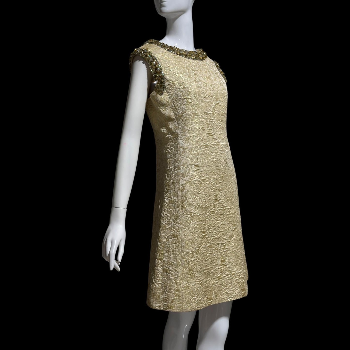 MR BLACKWELL CUSTOM Vintage 1960s Designer cocktail dress, Cates of Denver Boutique gold brocade mod shift dress