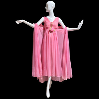 VIRGINIA WALLACE vintage nightgown robe set, 1960s Barbie Pink lingerie slip dress peignoir set