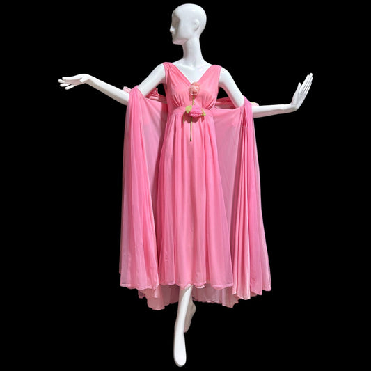 VIRGINIA WALLACE vintage nightgown robe set, 1960s Barbie Pink lingerie slip dress peignoir set