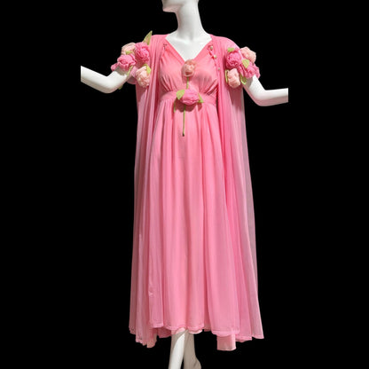 VIRGINIA WALLACE vintage nightgown robe set, 1960s Barbie Pink lingerie slip dress peignoir set