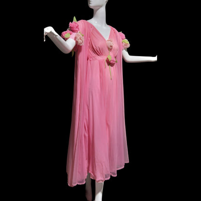 VIRGINIA WALLACE vintage nightgown robe set, 1960s Barbie Pink lingerie slip dress peignoir set