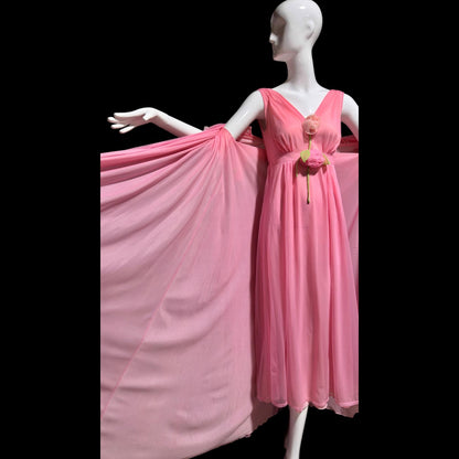 VIRGINIA WALLACE vintage nightgown robe set, 1960s Barbie Pink lingerie slip dress peignoir set