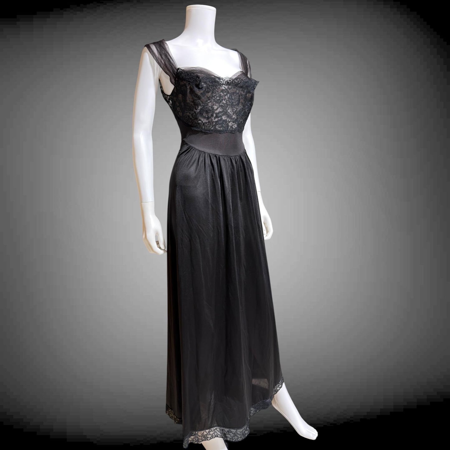 VANITY FAIR vintage 1950s Nightgown Slip Dress, SAKS Black nylon full length lingerie dress