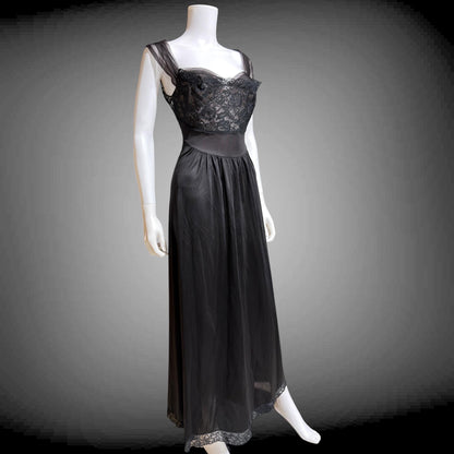 VANITY FAIR vintage 1950s Nightgown Slip Dress, SAKS Black nylon full length lingerie dress