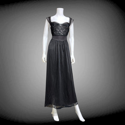 VANITY FAIR vintage 1950s Nightgown Slip Dress, SAKS Black nylon full length lingerie dress