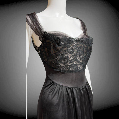 VANITY FAIR vintage 1950s Nightgown Slip Dress, SAKS Black nylon full length lingerie dress