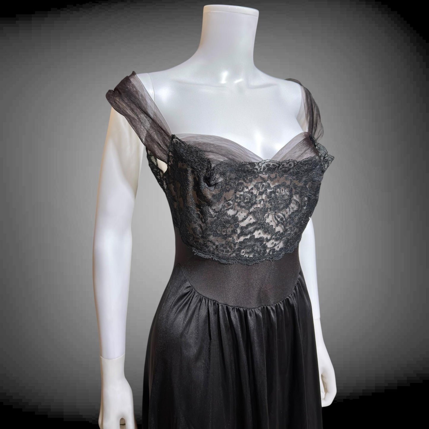 VANITY FAIR vintage 1950s Nightgown Slip Dress, SAKS Black nylon full length lingerie dress