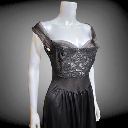 VANITY FAIR vintage 1950s Nightgown Slip Dress, SAKS Black nylon full length lingerie dress
