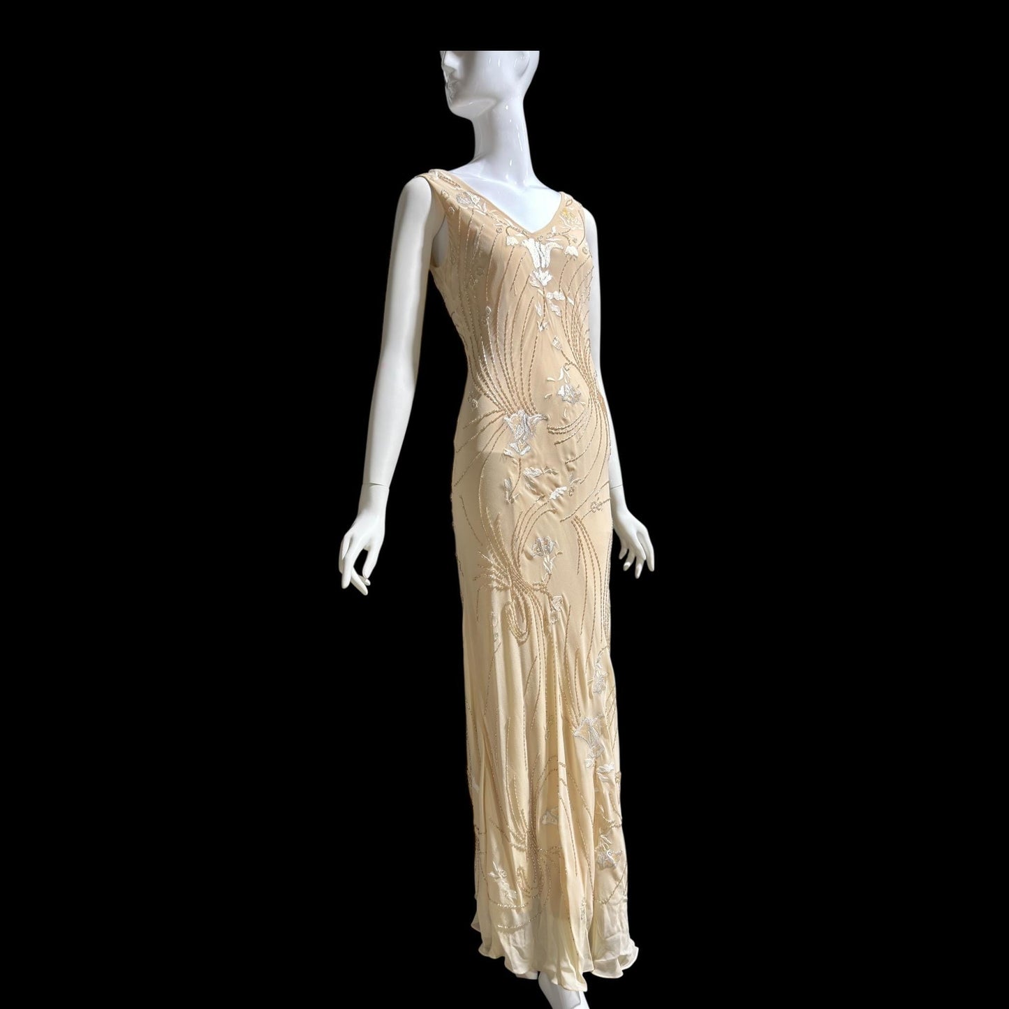 LILLIE RUBIN vintage evening dress gown, 1990s Nude Beaded Silk slip dress