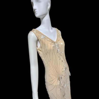 LILLIE RUBIN vintage evening dress gown, 1990s Nude Beaded Silk slip dress