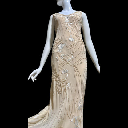 LILLIE RUBIN vintage evening dress gown, 1990s Nude Beaded Silk slip dress