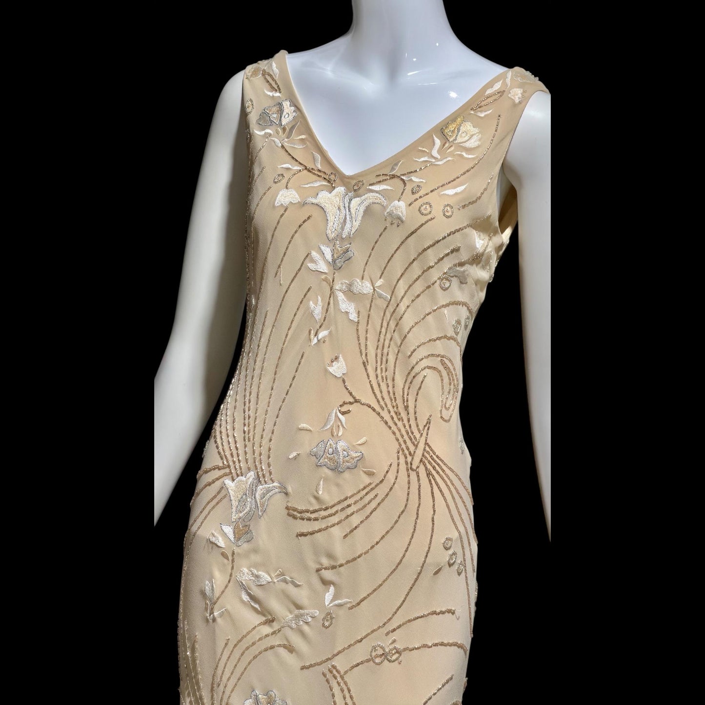LILLIE RUBIN vintage evening dress gown, 1990s Nude Beaded Silk slip dress