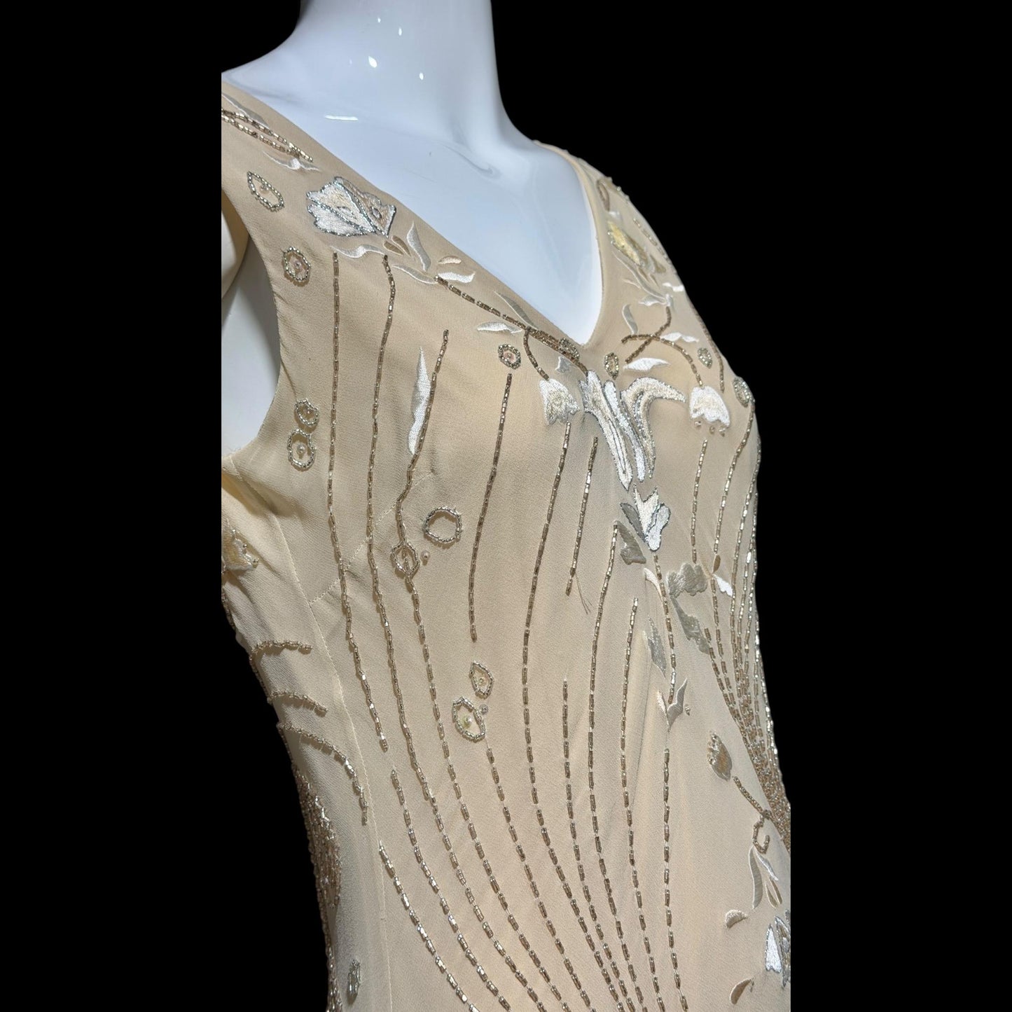 LILLIE RUBIN vintage evening dress gown, 1990s Nude Beaded Silk slip dress