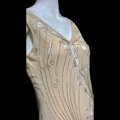 LILLIE RUBIN vintage evening dress gown, 1990s Nude Beaded Silk slip dress