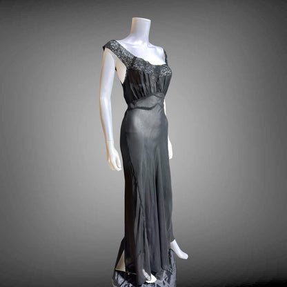 WONDERMAID vintage 1940s Nightgown Slip Dress, Sheer Black nylon full length lingerie dress