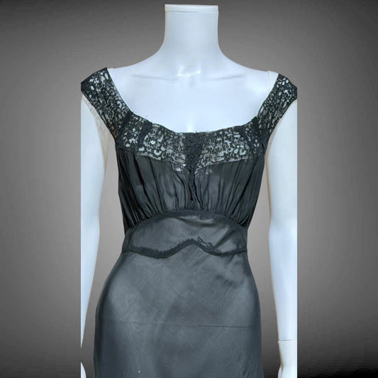 WONDERMAID vintage 1940s Nightgown Slip Dress, Sheer Black nylon full length lingerie dress
