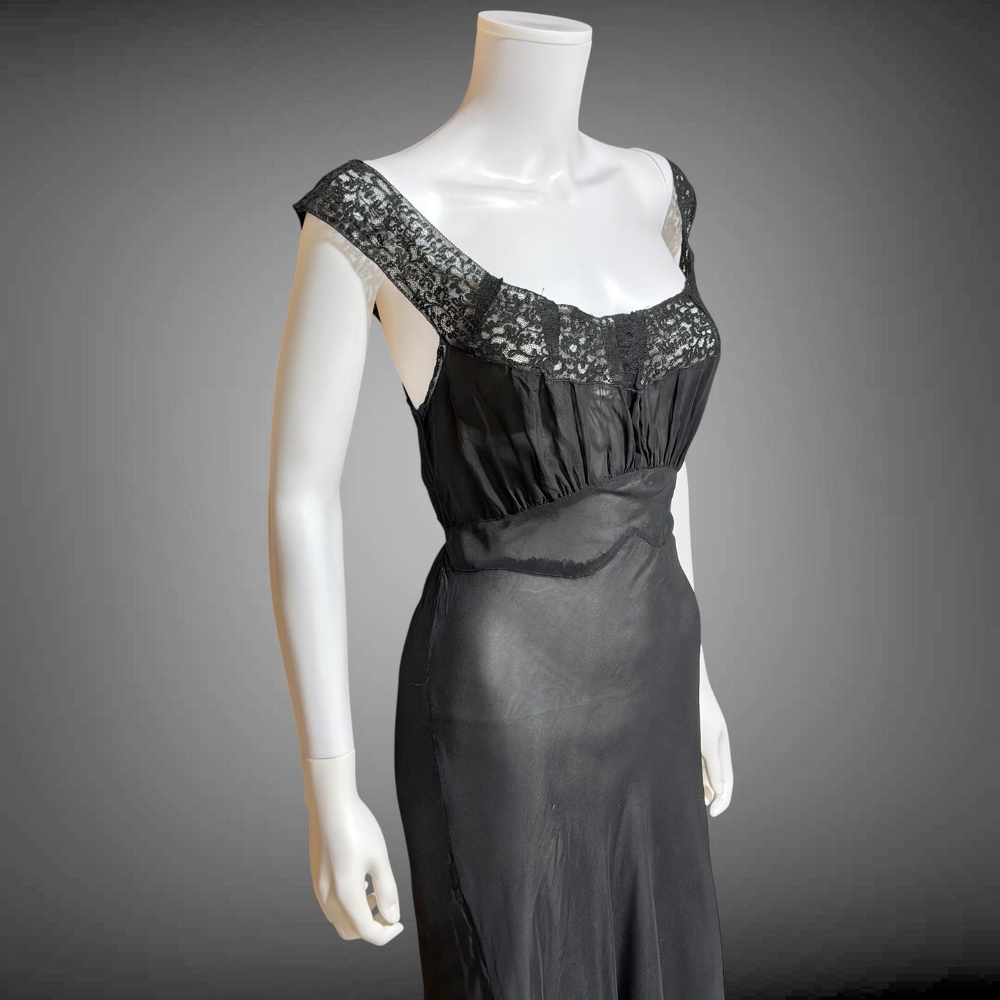 WONDERMAID vintage 1940s Nightgown Slip Dress, Sheer Black nylon full length lingerie dress