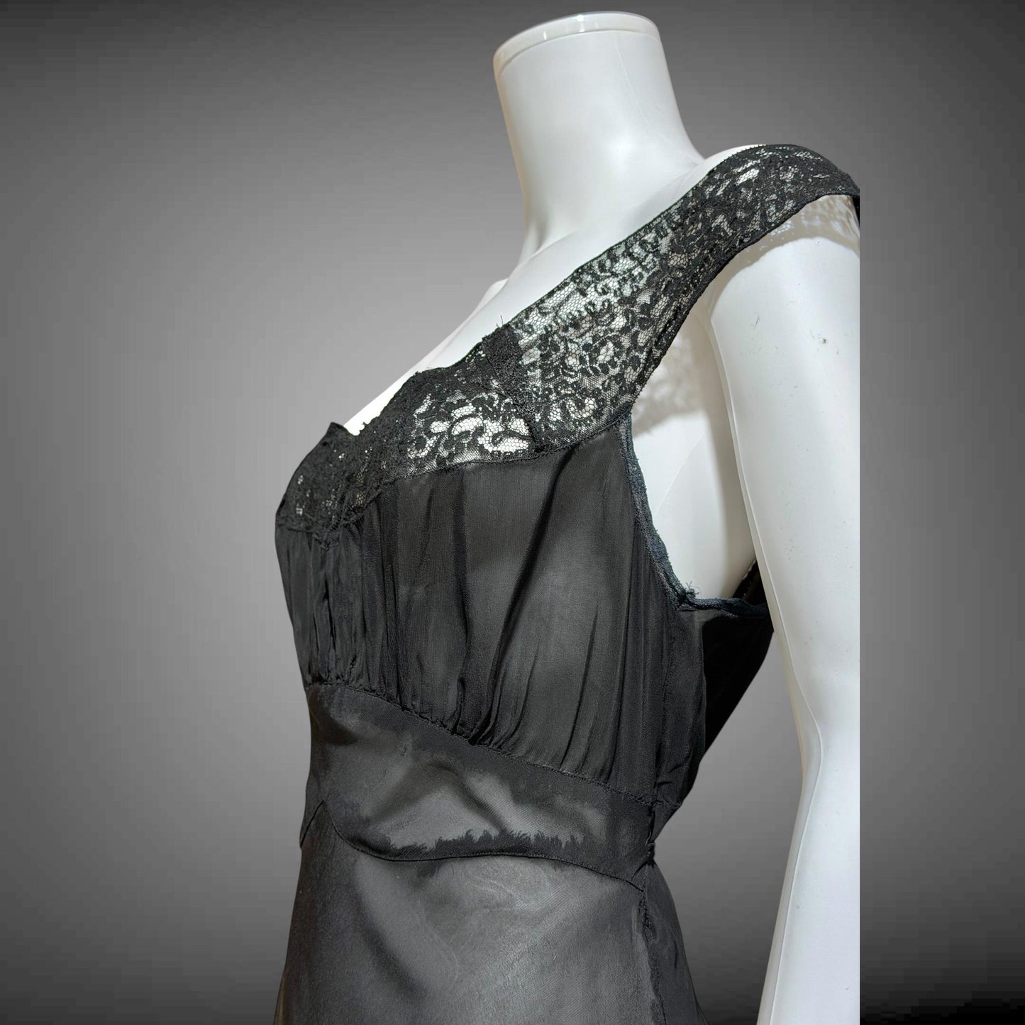 WONDERMAID vintage 1940s Nightgown Slip Dress, Sheer Black nylon full length lingerie dress