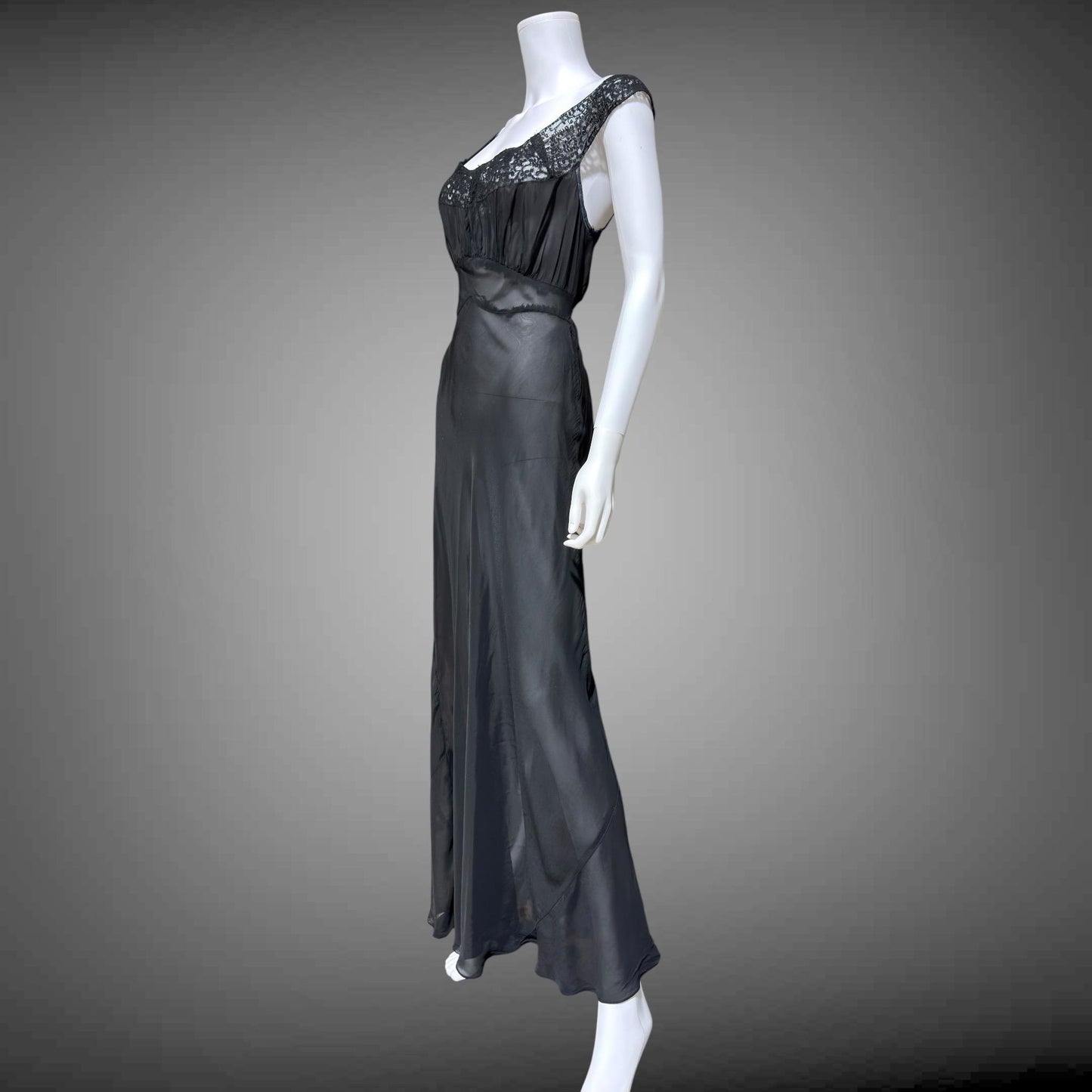WONDERMAID vintage 1940s Nightgown Slip Dress, Sheer Black nylon full length lingerie dress
