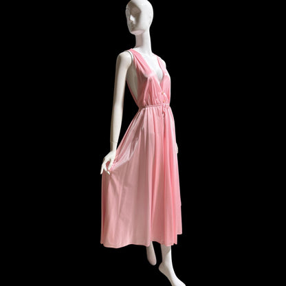 DREAM WEAR vintage nightgown slip dress, 1970s Petal Pink shimmering nylon Deep V lingerie dress