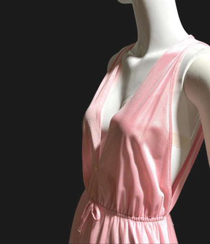 DREAM WEAR vintage nightgown slip dress, 1970s Petal Pink shimmering nylon Deep V lingerie dress