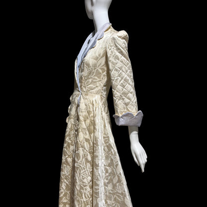 1940s Vintage Dressing Gown Robe, MORE Creamy White Quilted Satin Long Housecoat