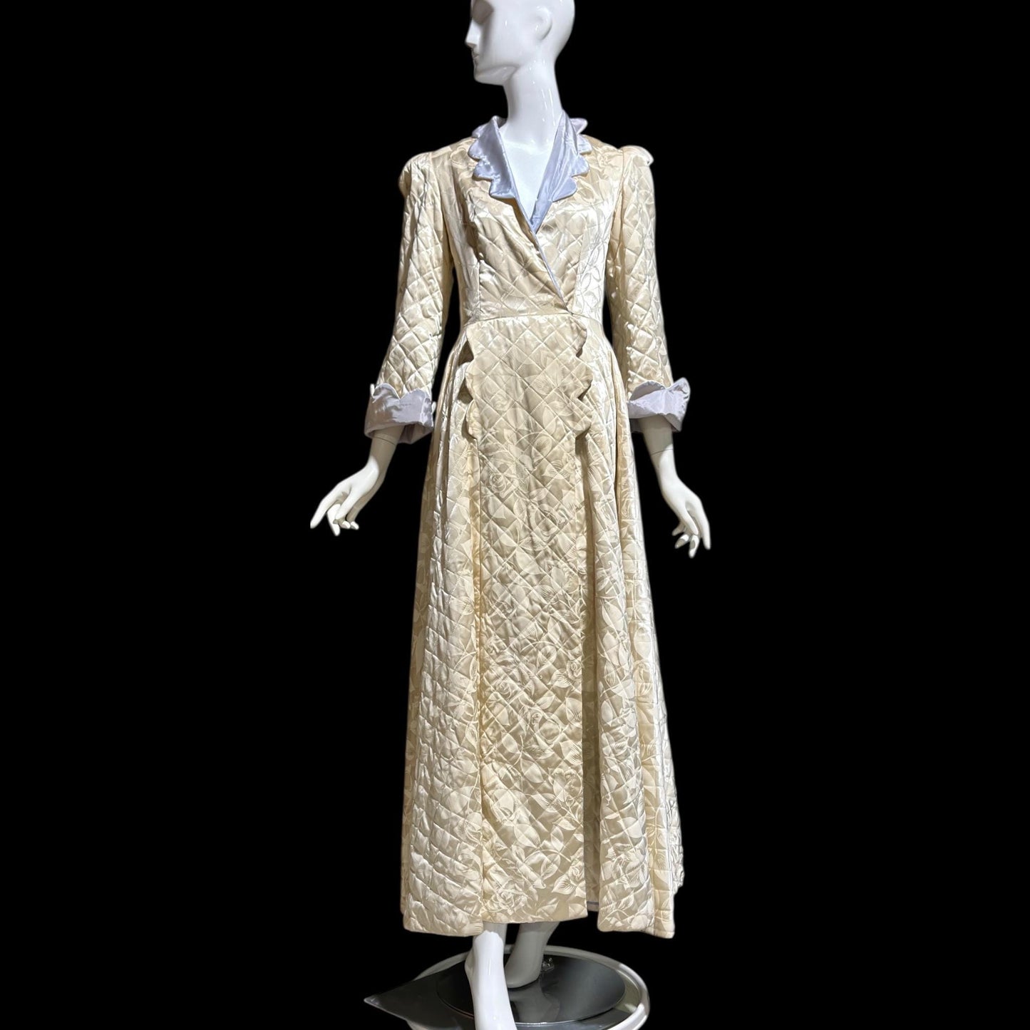 1940s Vintage Dressing Gown Robe, MORE Creamy White Quilted Satin Long Housecoat