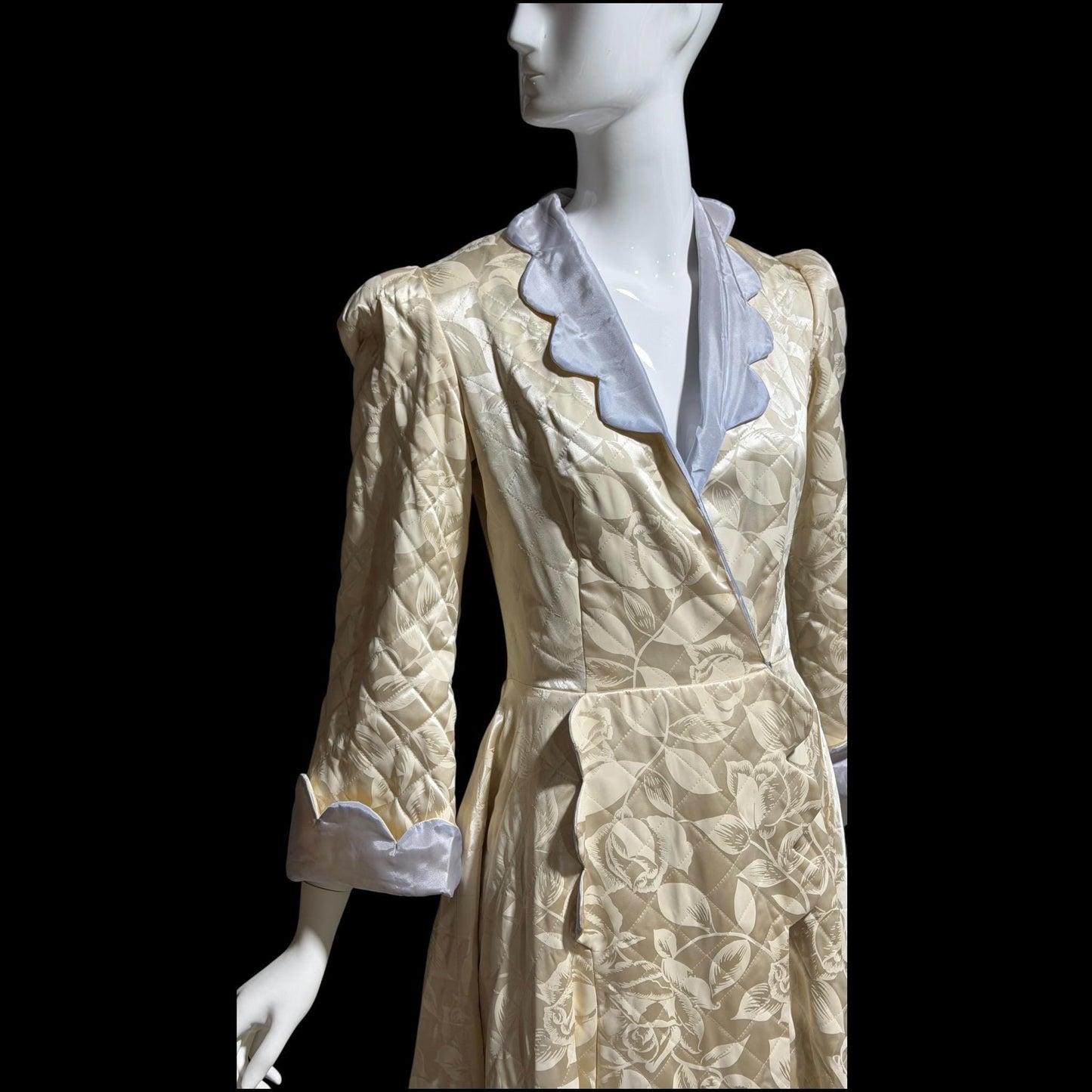 1940s Vintage Dressing Gown Robe, MORE Creamy White Quilted Satin Long Housecoat