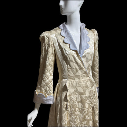 1940s Vintage Dressing Gown Robe, MORE Creamy White Quilted Satin Long Housecoat