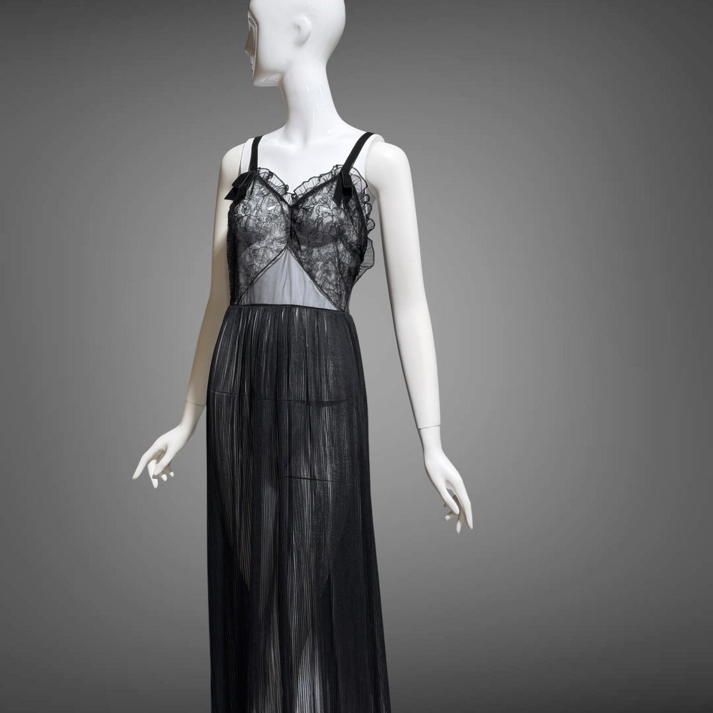 FAIRIE vintage 1950s Nightgown Slip Dress, sheer black nylon & lace full length lingerie dress