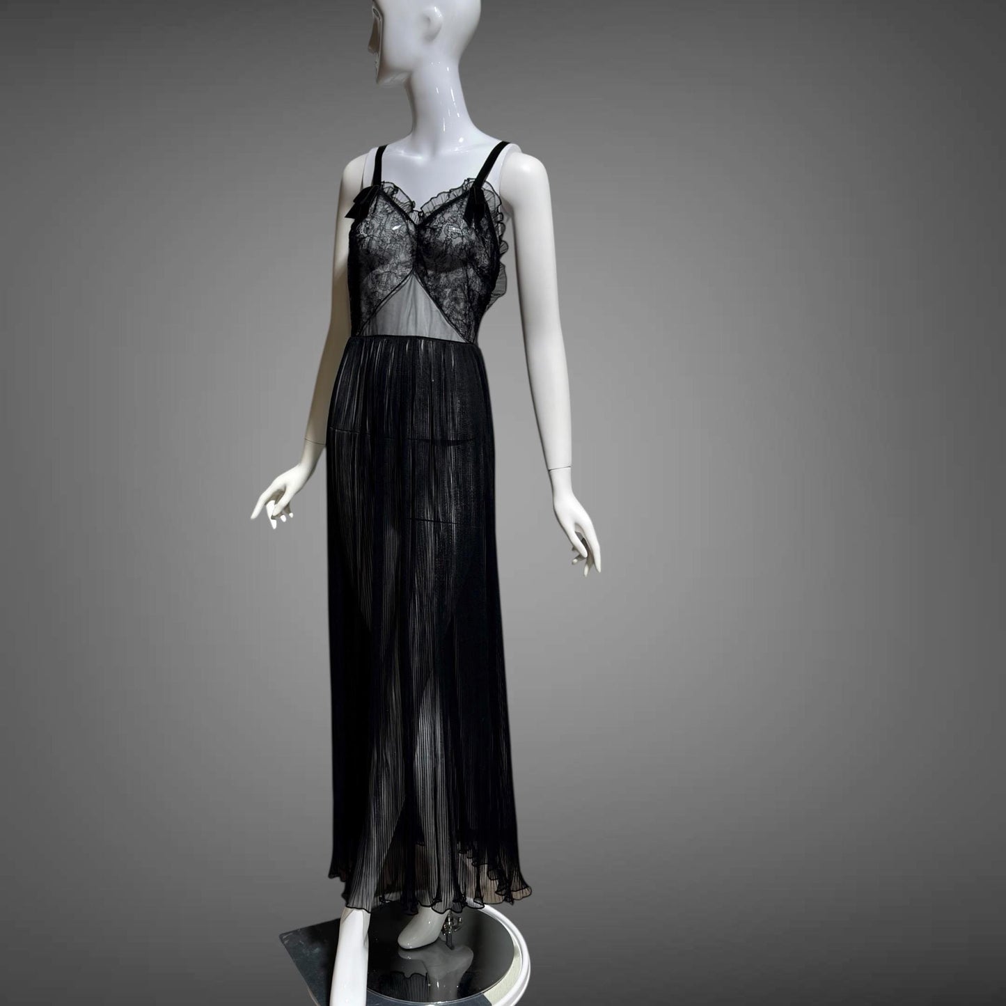 FAIRIE vintage 1950s Nightgown Slip Dress, sheer black nylon & lace full length lingerie dress