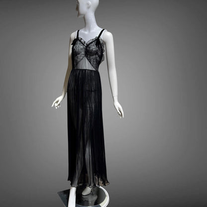 FAIRIE vintage 1950s Nightgown Slip Dress, sheer black nylon & lace full length lingerie dress