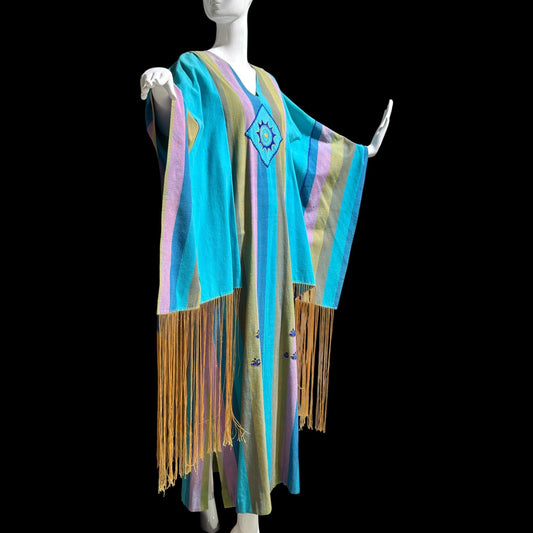 JOSEFA Vintage 1970s Caftan Kaftan dress, Mexican Designer Cotton Hippie Boho Long Maxi Dress with fringe