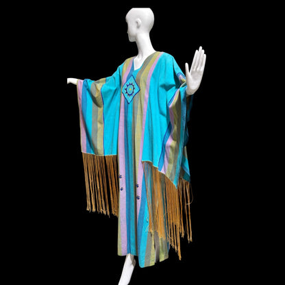 JOSEFA Vintage 1970s Caftan Kaftan dress, Mexican Designer Cotton Hippie Boho Long Maxi Dress with fringe