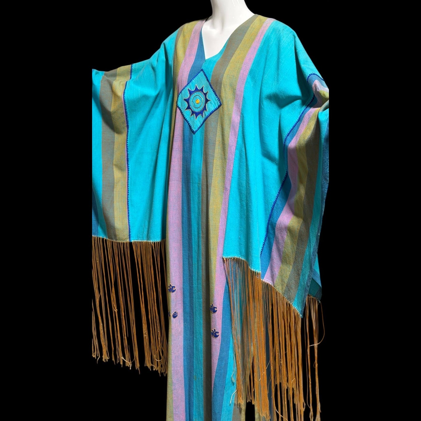 JOSEFA Vintage 1970s Caftan Kaftan dress, Mexican Designer Cotton Hippie Boho Long Maxi Dress with fringe